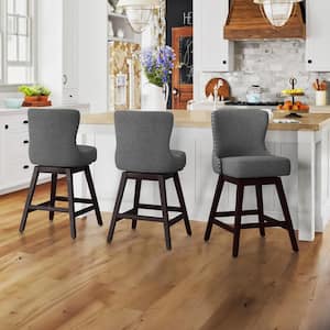 Hampton 26 in. Gray Solid Wood Frame Counter Stool with Back Linen Fabric Upholstered Swivel Bar Stool Set of 3
