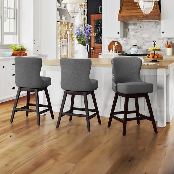 OrangeOne Hampton 26 in. Gray Solid Wood Frame Counter Stool with Back Linen Fabric Upholstered Swivel Bar Stool Set of 3
