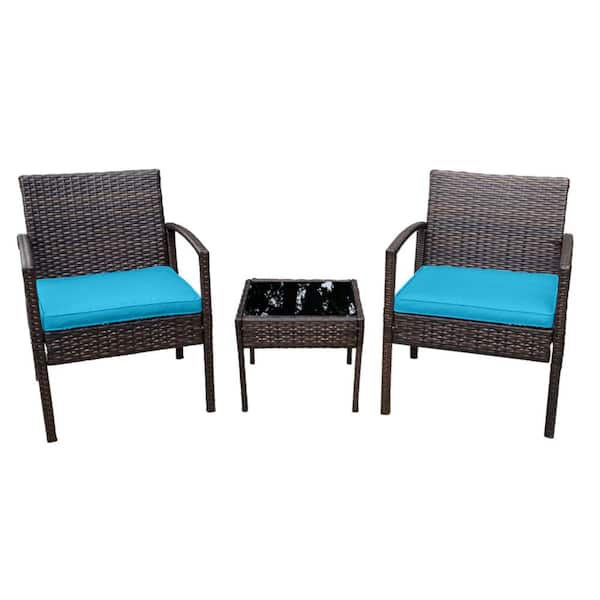Pyramid Home Decor 3-Piece Rattan Bistro Set Chair with Thick Cushions and Glass Top Coffee Table (Light Blue)