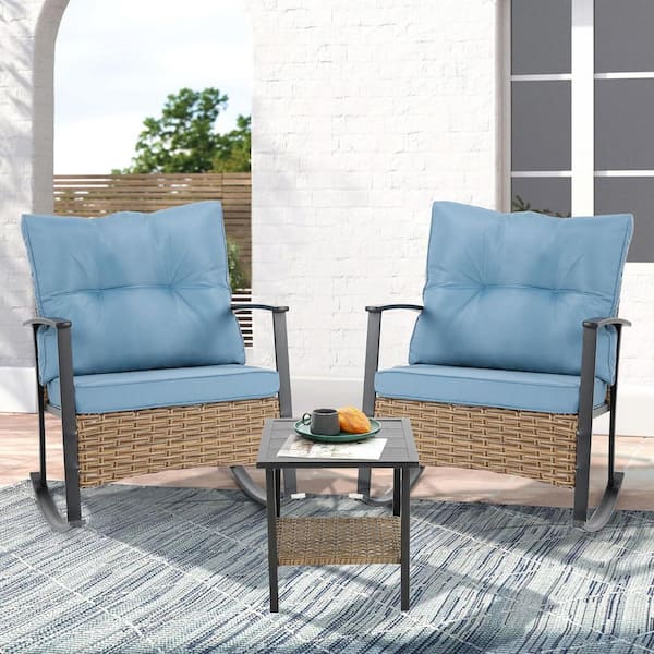 HOMEFUN 3-Piece Wicker Outdoor Bistro Furniture Set Rocking Chair Set with Blue Cushions and 2-Tier Coffee Table