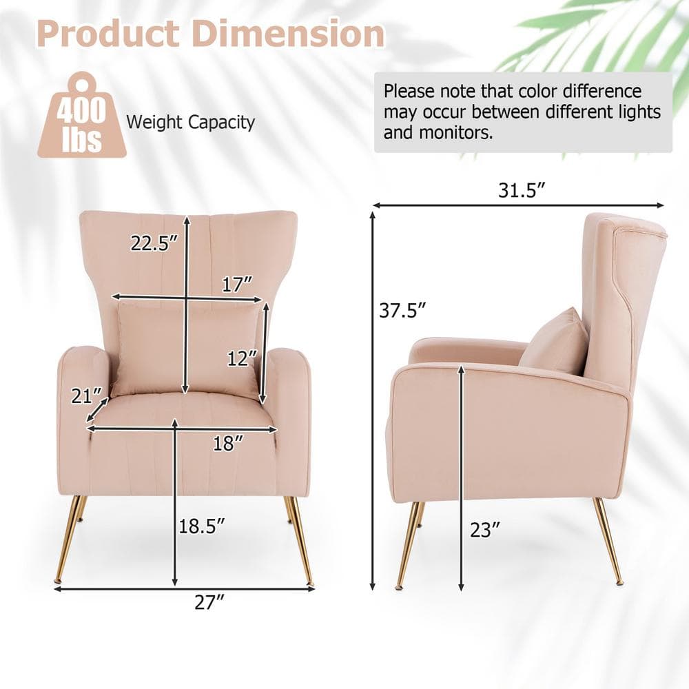 Pink Velvet Wingback Accent Chair with Gold Metal Legs
