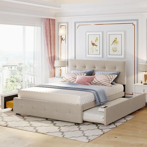 Qualler Dark Beige Wood Frame Queen Upholstered Platform Bed with 2-Drawers and 1-Twin XL Trundle