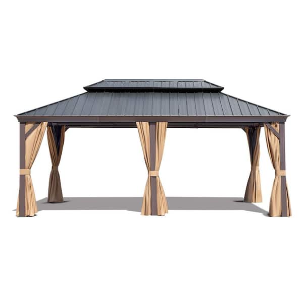 12 ft. x 18 ft. Aluminum Outdoor Double Galvanized Steel Roof Gazebo with Ceiling Hook, Mosquito Netting and Curtains