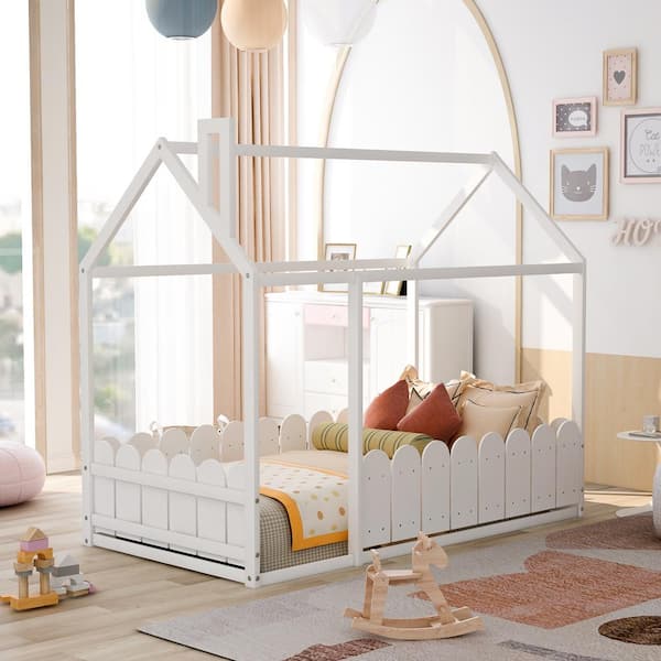ANBAZAR White Kids House Beds, Twin Size Floor Bed with Fence, Wood ...