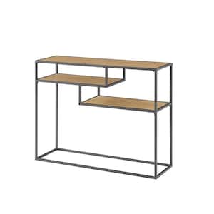 42 in. Coastal Oak/Black Metal Modern Rectangle Console Table with 2-Shelves