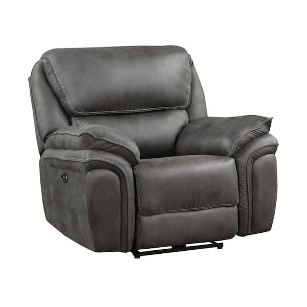 Benjara Gray Microfiber Power Recliner with USB Port and Solid Wood
