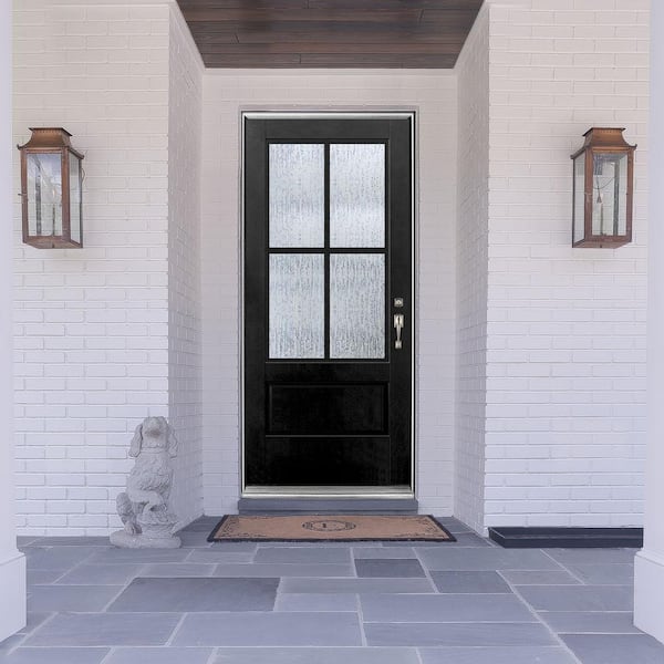 MP Doors 36 in. x 80 in. Left-Hand Inswing 4 Lite Water Wave Glass Black Finished Fiberglass Prehung Front Door