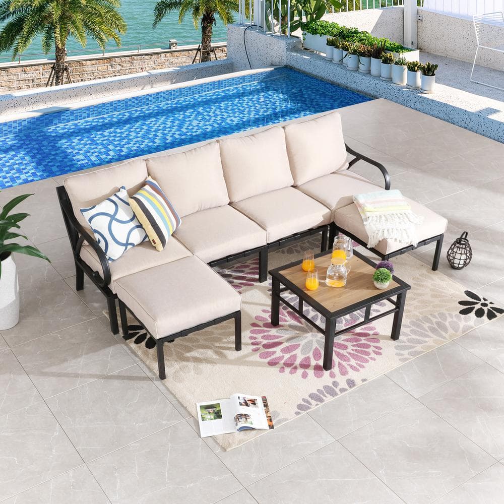 Patio Festival 7-Piece Metal Patio Conversation Set with Beige Cushions ...