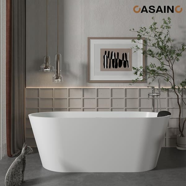 CASAINC 59 in. x 30 in. Solid Surface Stone Free Standing bath tubs Soaking Bathtub in White with Black Bathtub Pillow
