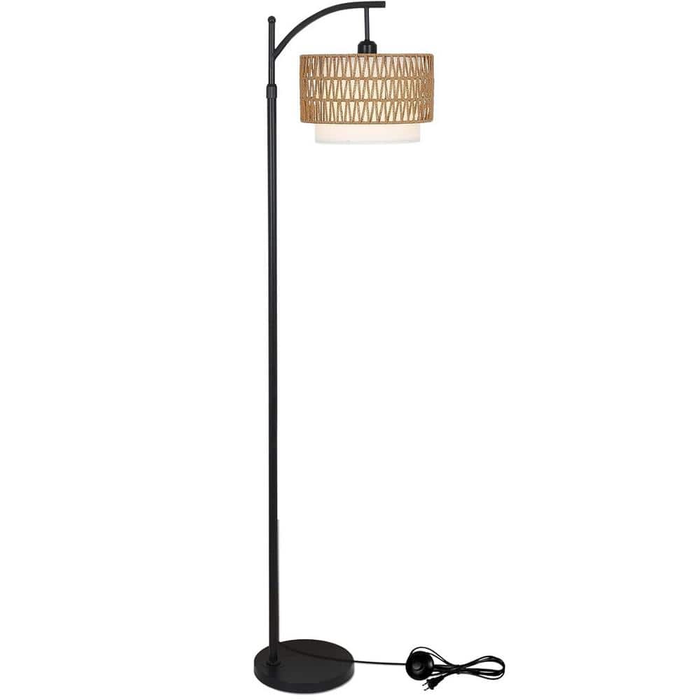 65 in. Black Modern 1-Light Dimmable Arc Floor Lamp with Rattan and Fabric Shade E26 LED Bulb & Paired Remote Controller price history on PriceWatchPro