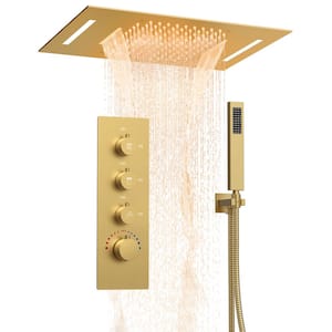 23 in. L x 15 in. W 7-Spray Patterns LED Waterfall Ceiling Mount and Handheld Shower Head in Brushed Gold