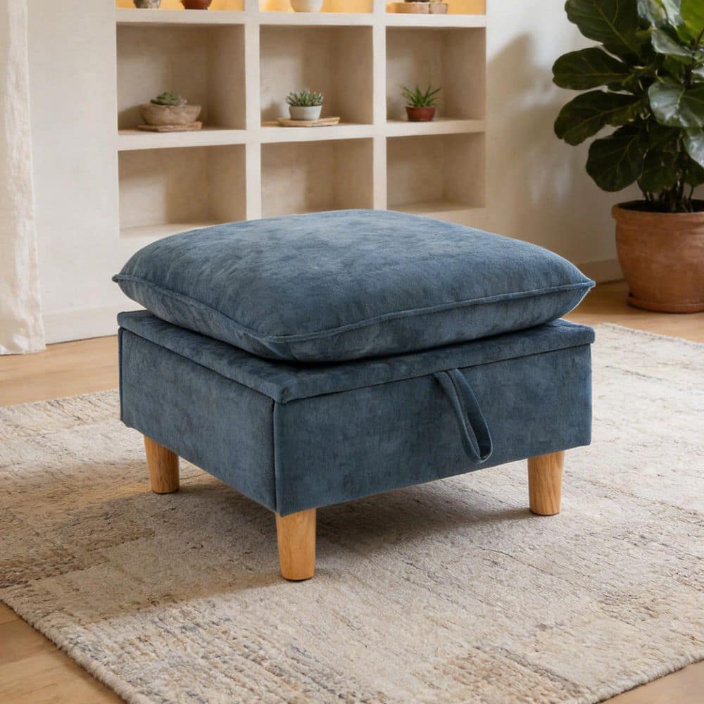 23.6 in. Modern Navy Chenille Wooden Base Square Ottoman with Storage Function