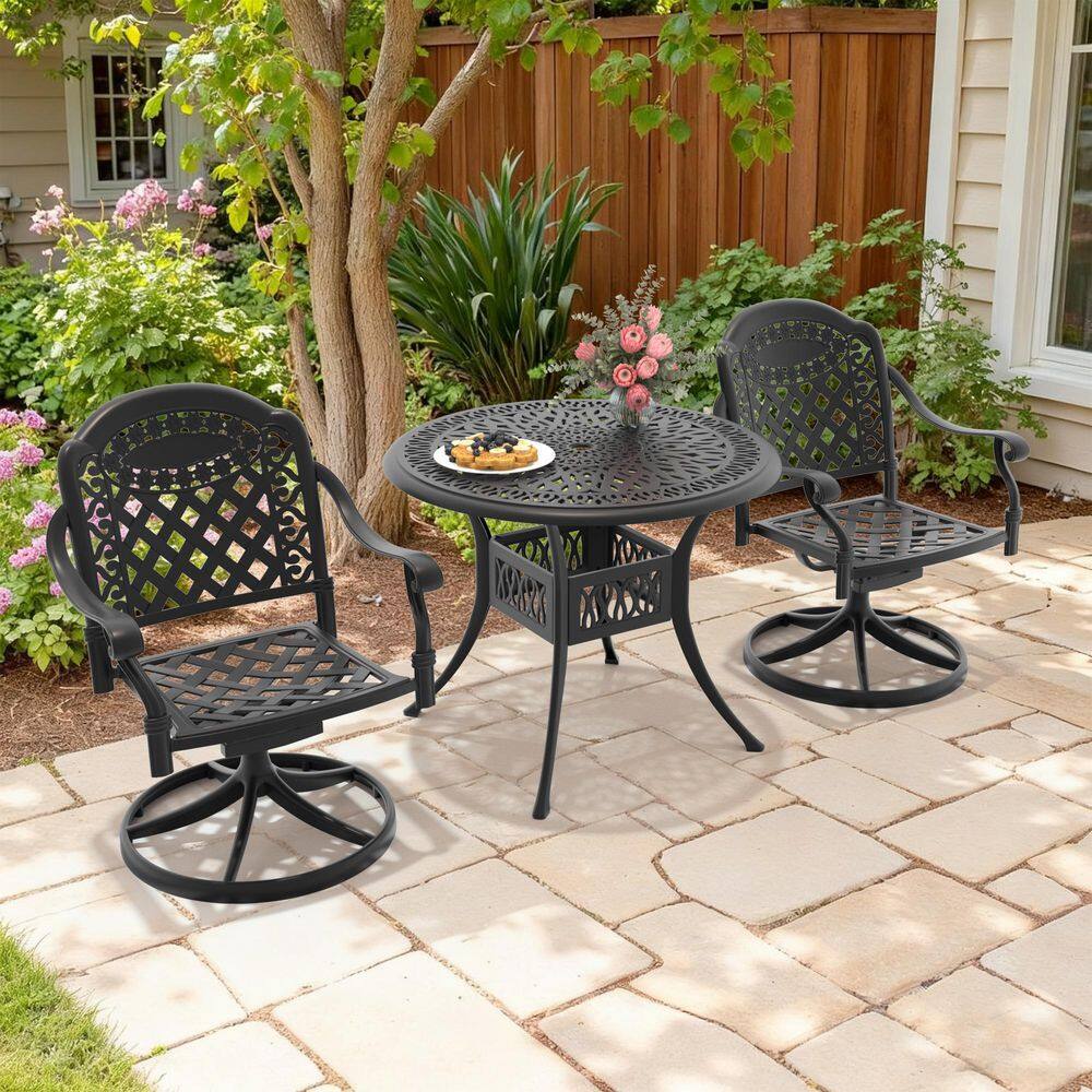 Black 3-Piece Cast Aluminum Patio Outdoor Dining Set with 2 Swivel Rockers with Red Cushions and 35.43 in. Round Table price history on PriceWatchPro