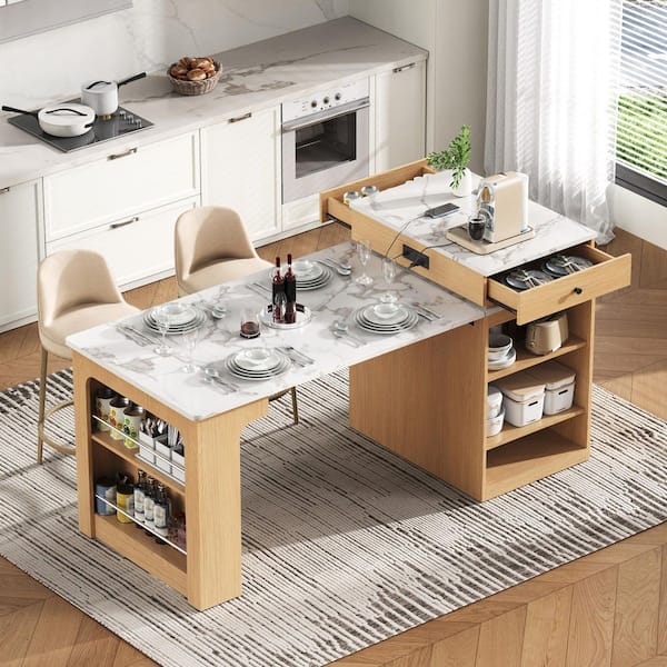 Polibi Natural Wood 59.50 in. Kitchen Island with Extendable