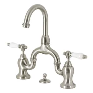 English Country 2-Handle 8 in. Bridge Bathroom Faucets with Brass Pop-Up in Brushed Nickel