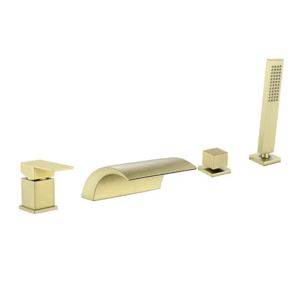 Miscool Ami Single Handle Deck-Mount Roman Tub Faucet with Handshower and Waterfall Spout in Brushed Gold