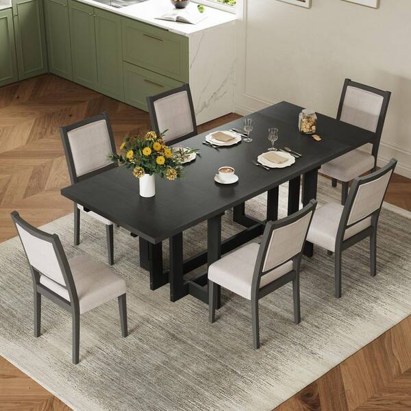Polibi 7-Piece Extendable Grey/Beige Wood Top Dining Table Set