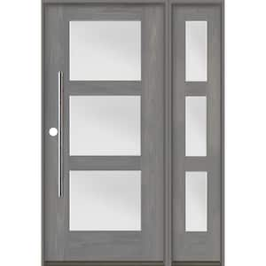 Faux Pivot 50 in. W. x 80 in. 3-Lite Right-Hand/Inswing Satin Glass Malibu Grey Stain Fiberglass Prehung Front Door RSL