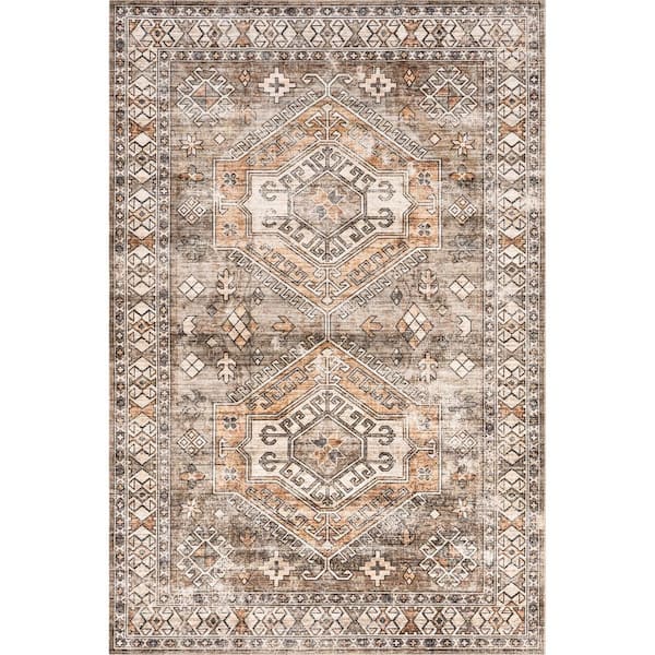 nuLOOM Mae Machine Washable Tribal Motif Brown 8 ft. x 10 ft. Area Rug