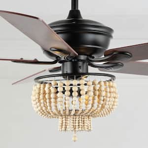 Opal 52 in. 3-Light Farmhouse Rustic Wood Bead Shade LED Ceiling Fan With Remote, Black