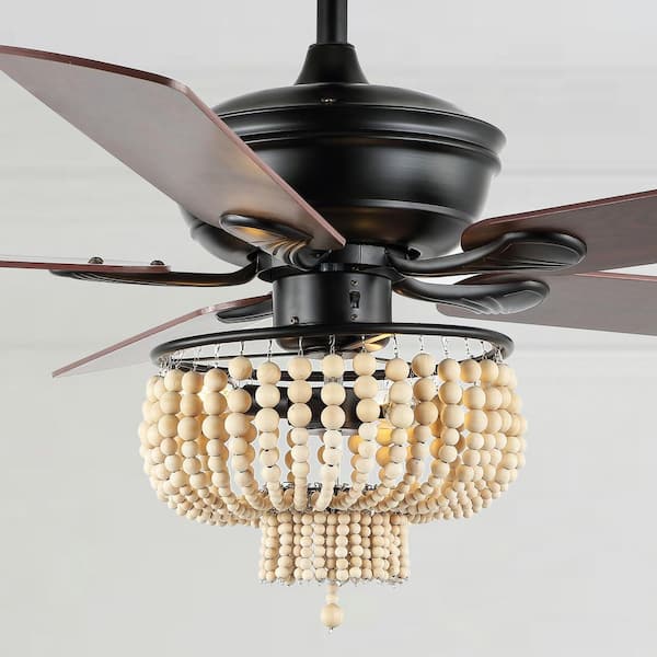 JONATHAN Y Opal 52 in. 3-Light Farmhouse Rustic Wood Bead Shade LED Ceiling Fan With Remote, Black