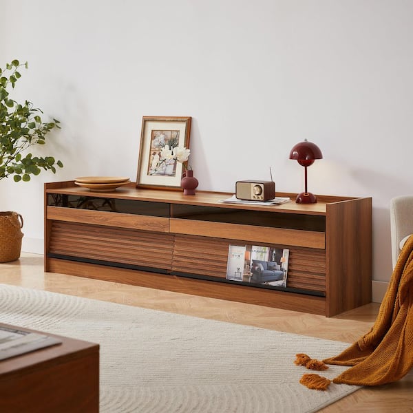 Nestfair 68.9 in. Natural TV Stand Fits TVs Up to 79 in. with 4-Drawers and Built-In Charging Ports