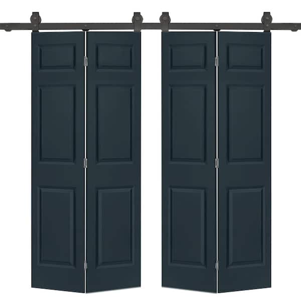 CALHOME 72 in. x 80 in. Hollow Core 6-Panel Charcoal Gray MDF Composite Double Bi-Fold Barn Doors with Sliding Hardware Kit
