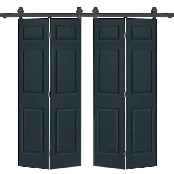 CALHOME 72 in. x 84 in. Hollow Core 6 Panel Charcoal Gray Painted Composite Double Bi-Fold Barn Door with Sliding Hardware Kit