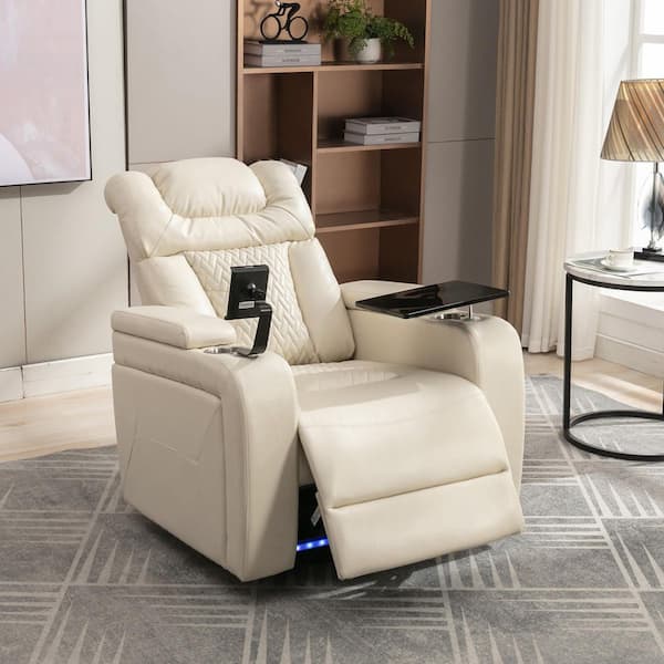 White Faux Leather Power Recliner Chair with Tray Table, Phone Holder, Cup Holder, USB Port, Hidden Arm Storage
