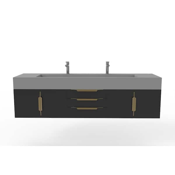 castellousa Nile 72 in. W x 19 in. D x 20 in. H Bath Vanity in Matte Black with Gold Trim and Gray Solid Surface Top