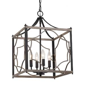 Modern Farmhouse Brushed Silver 4-Light Candlestick Chandelier with Faux Wood Cage Shade Brown Island Pendant Lantern