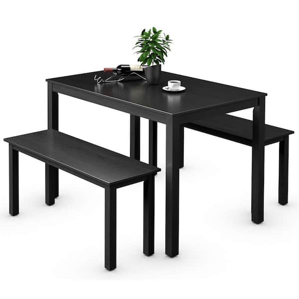 SUNRINX 3-Piece Black Modern Studio Collection Table Dining Set with Wood Top