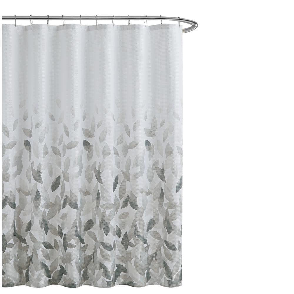 CREATIVE HOME IDEAS 70 in. x 72 in. Ombre Leaves Gray Shower Curtain (13Piece Set) YMC015267