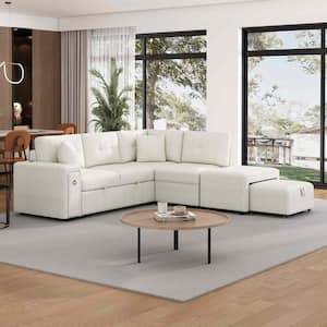 86.6 in. Square Arm Chenille L-Shaped Sectional Sofa in. Beige with Sofa Bed, Ottoman, 2-USB Ports and 2-Cup Holders