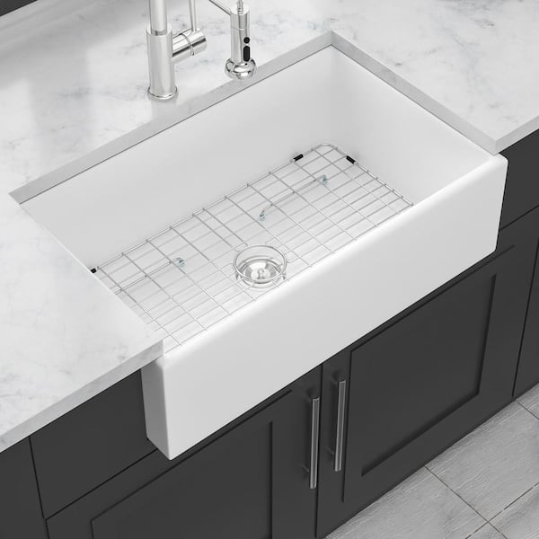33 in. Farmhouse Single Bowl White Ceramic Kitchen Sink with Bottom Grids
