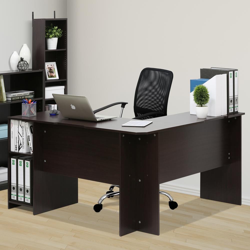 Espresso Wood L-Shaped Corner Computer Desk with Shelves