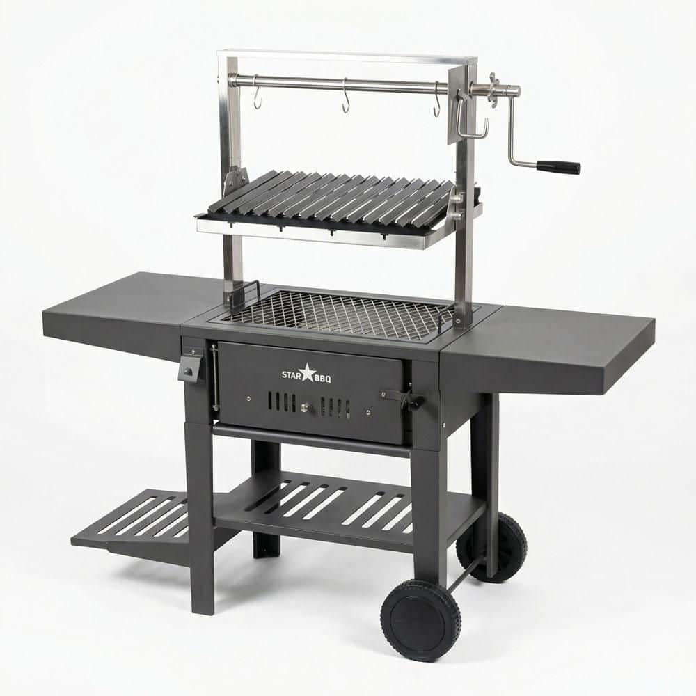 24 in. Portable Charcoal Grill Base w/Santa Maria Rim in Black and Char Rim Insert and ExGrate Cooking Grate on BBQ Cart