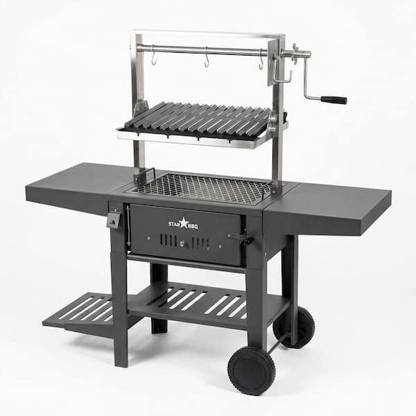 24 in. Portable Charcoal Grill Base w/Santa Maria Rim in Black and Char Rim Insert and ExGrate Cooking Grate on BBQ Cart