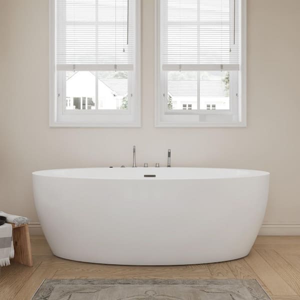 71 in. Freestanding Soaking Whirlpool Bathtub in White with Center Drain