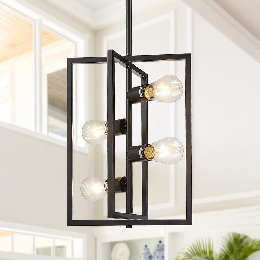 Black Geometric Metal Lantern Chandelier with Candle Bulbs