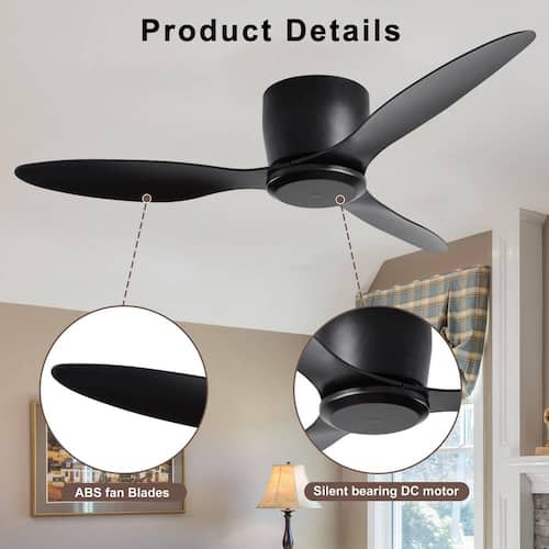 42 in. Indoor Black Flush Mount Ceiling Fan with 6 Speed and Reversible DC Motor, Remote Control Byteany Ceiling Fans Without Lights