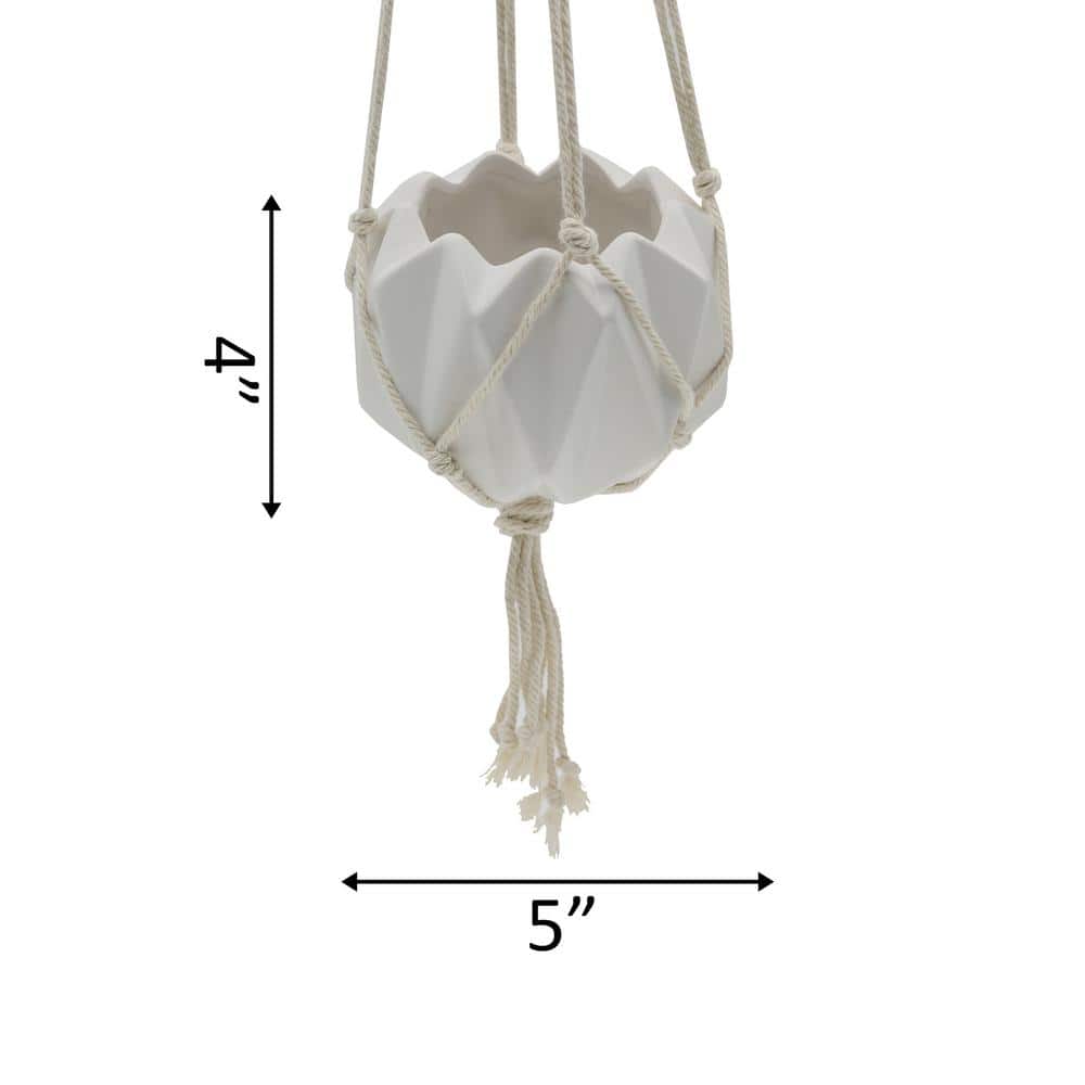 Matte White Ceramic Macrame 5'' Hanging Planter for Indoor & Outdoor