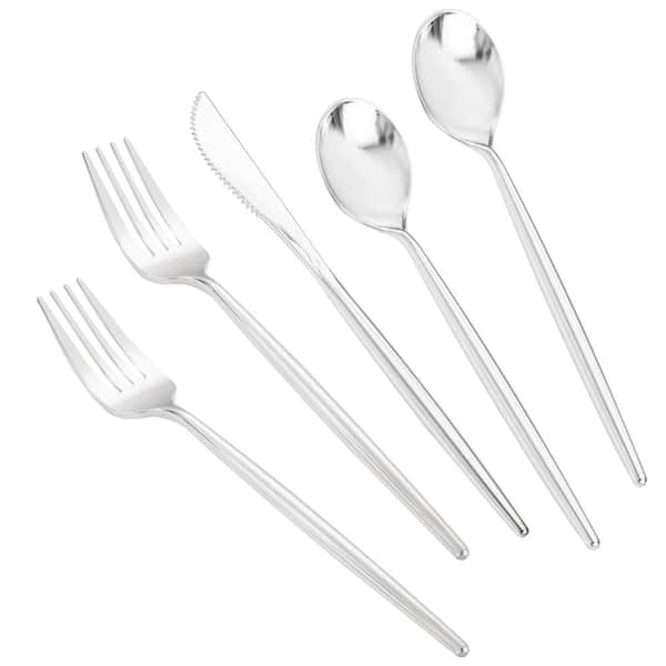 102-Piece Silver Heavy-Duty Disposable Plastic Cutlery Set with Forks Knives and Spoons
