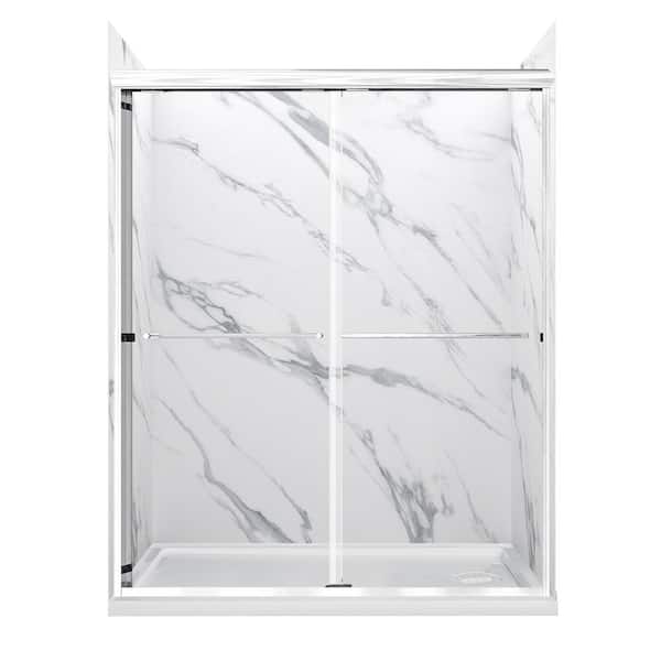 CRAFT + MAIN Cove Sliding 60 in. L x 32 in. W x 78 in. H Right Drain Alcove Shower Stall Kit in Carrara and Silver Hardware