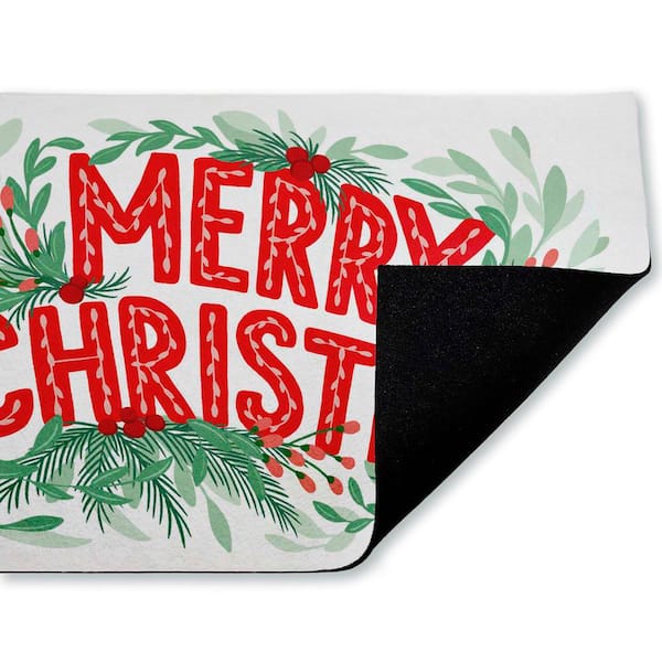 Retro Merry Christmas & Foliage Red 18 in. x 30 in. Polyester Non-Slip Outdoor Door Mat