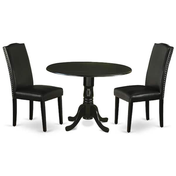 East West Furniture 3-Piece Round Black Finish Solid Wood Top Dining Table with 2 Parson Chairs with Drop Leaf Lattice Back