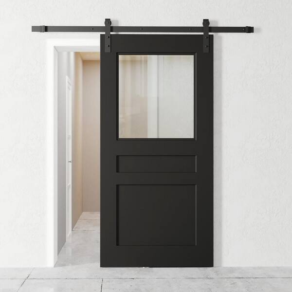 Urban Woodcraft 40 In X 83 Edinburgh Solid Core Espresso Modern Sliding Wood Barn Door With Glass Window And Hardware Kit 500h 40bd Bp E Glass Window And Hardware Kit 500h 40bd, Sliding Barn Door Hardware For Windows