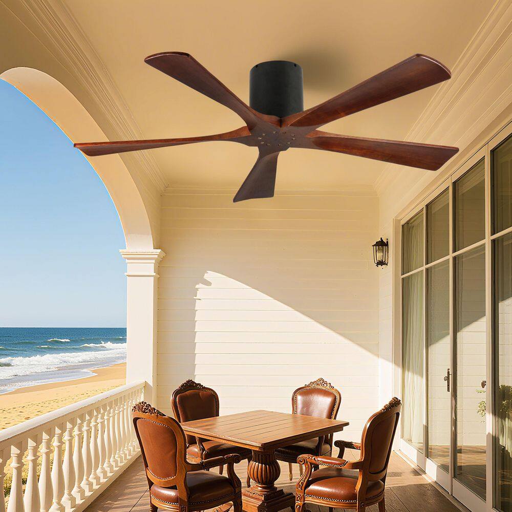 52 Inch Modren Black Solid Wood Brown Blades Flush Mount Standard Ceiling Fan in Black with DC Motor and 6 Speed Remote price history on PriceWatchPro