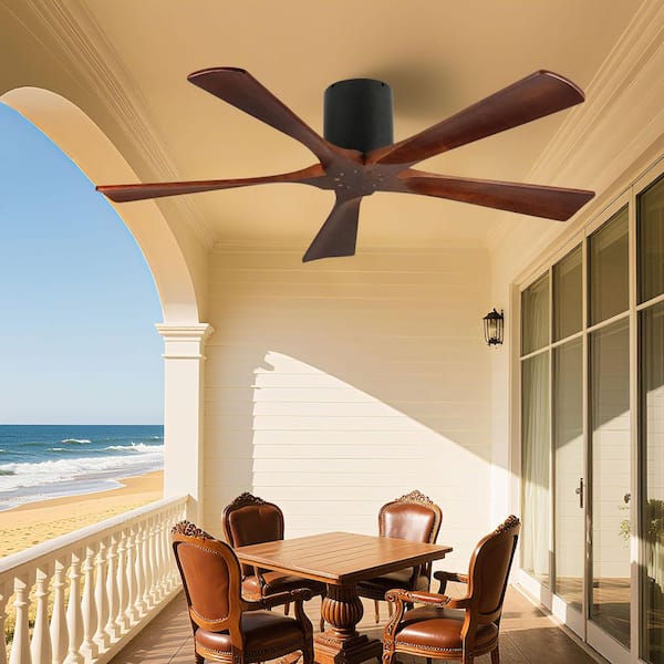 52 Inch Modren Black Solid Wood Brown Blades Flush Mount Standard Ceiling Fan in Black with DC Motor and 6 Speed Remote