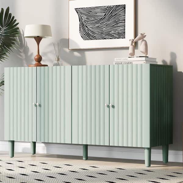 Harper & Bright Designs Light Green Wood 58.1 in. Sideboard with Adjustable Shelves, 4-Wavy Doors and 5-Rubber Wood Legs